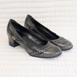Gucci Leather Brogue Detail Block Heel Pump Black Grey Small Size EU 34.5 US 4.5